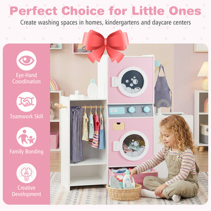 Pink Wooden Kids Laundry Playset | Dual Washer Iron Board Set