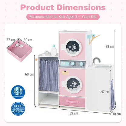 Pink Wooden Kids Laundry Playset | Dual Washer Iron Board Set