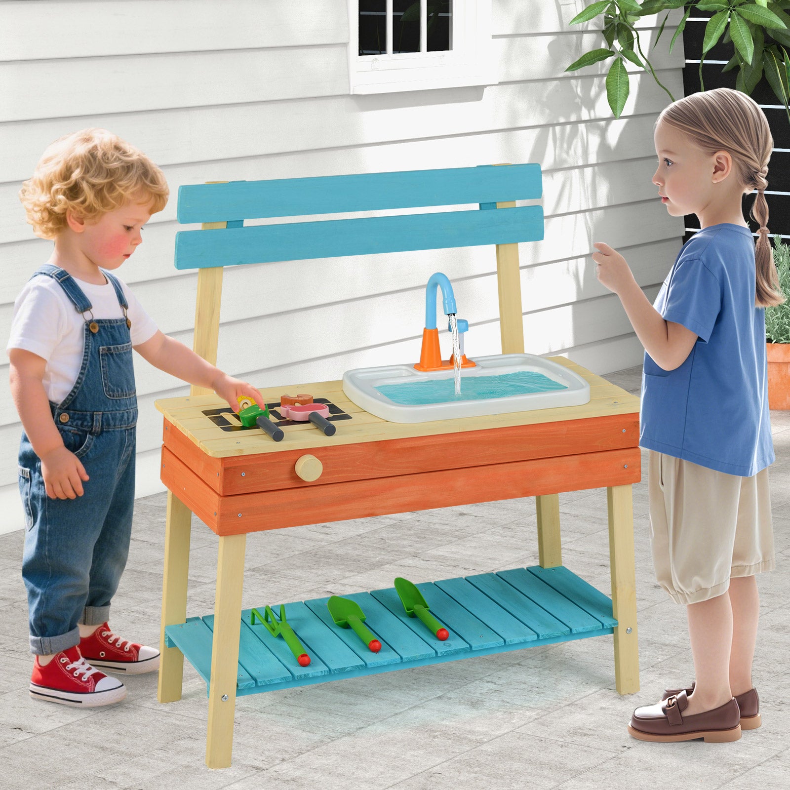 Wooden Kids Play Kitchen Set with Removable Sink and Grill Rack Mud Kitchen-Blue