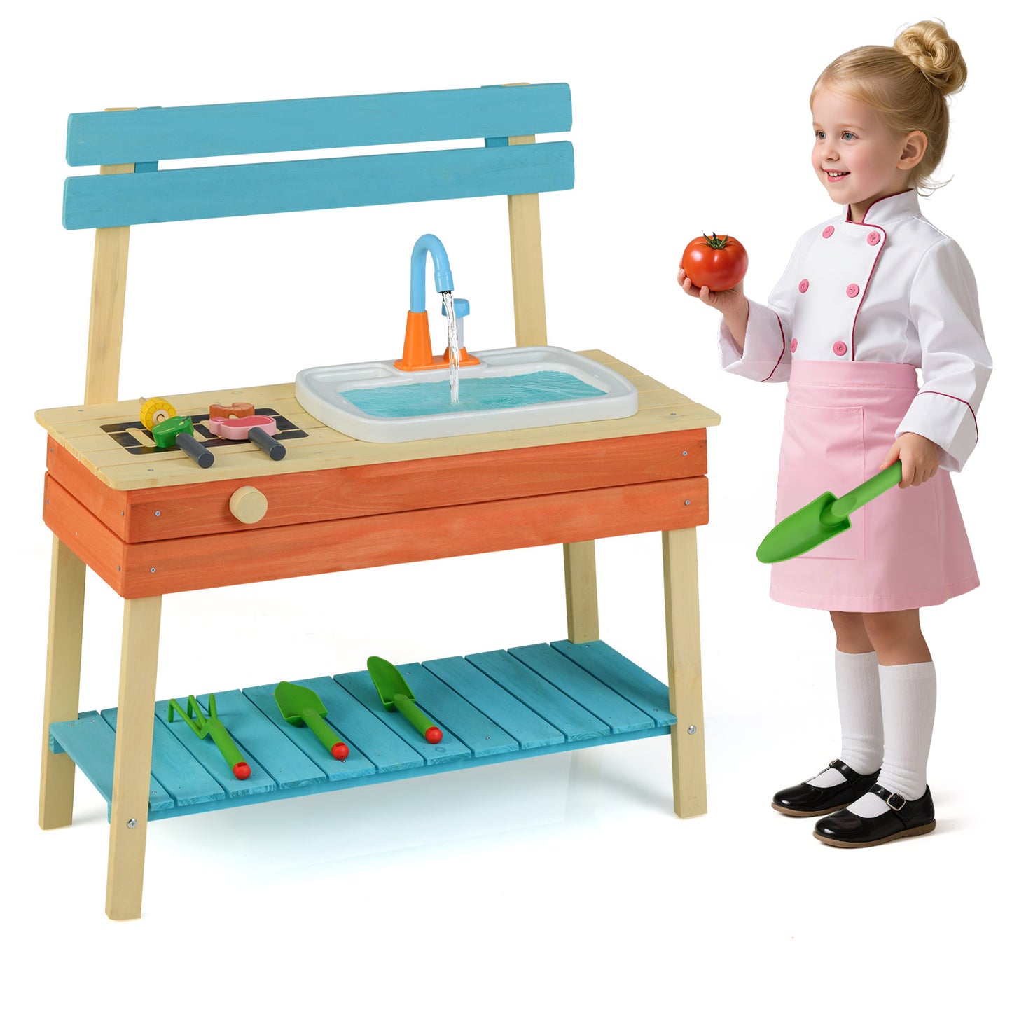 Wooden Kids Play Kitchen | Removable Sink Grill Rack Blue