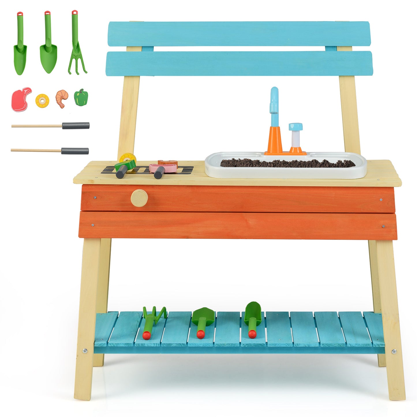 Wooden Kids Play Kitchen | Removable Sink Grill Rack Blue