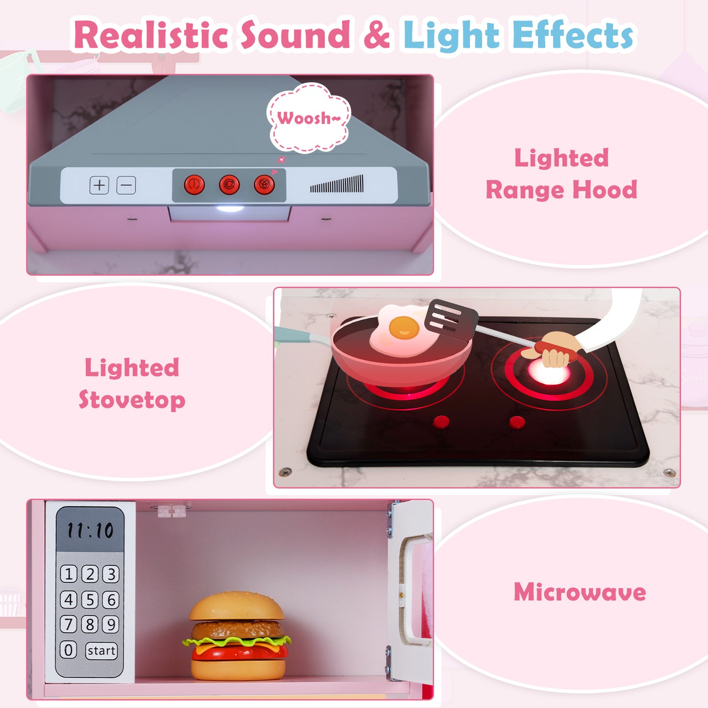 Pink Wooden Kids Corner Play Kitchen | Lights Sounds & Water
