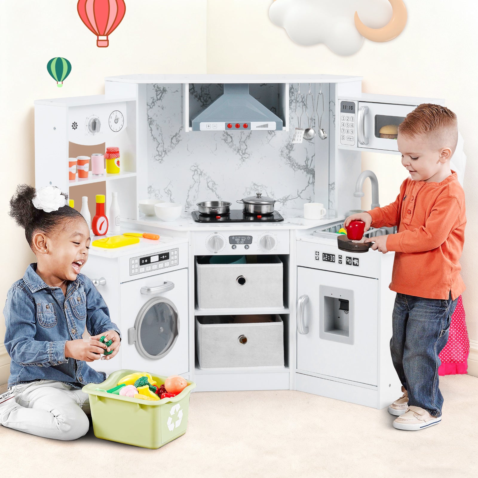 Wooden Kids Play Kitchen with Realistic Lights and Sounds-White