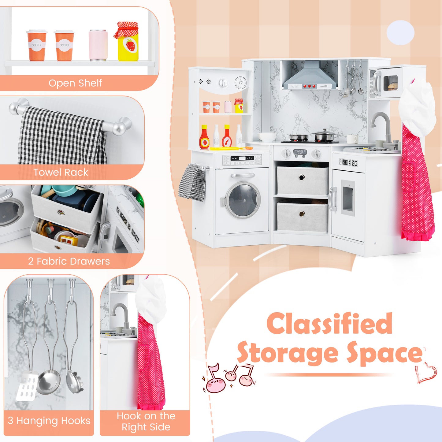 White Wooden Kids Kitchen Set | Lights Sounds Water System