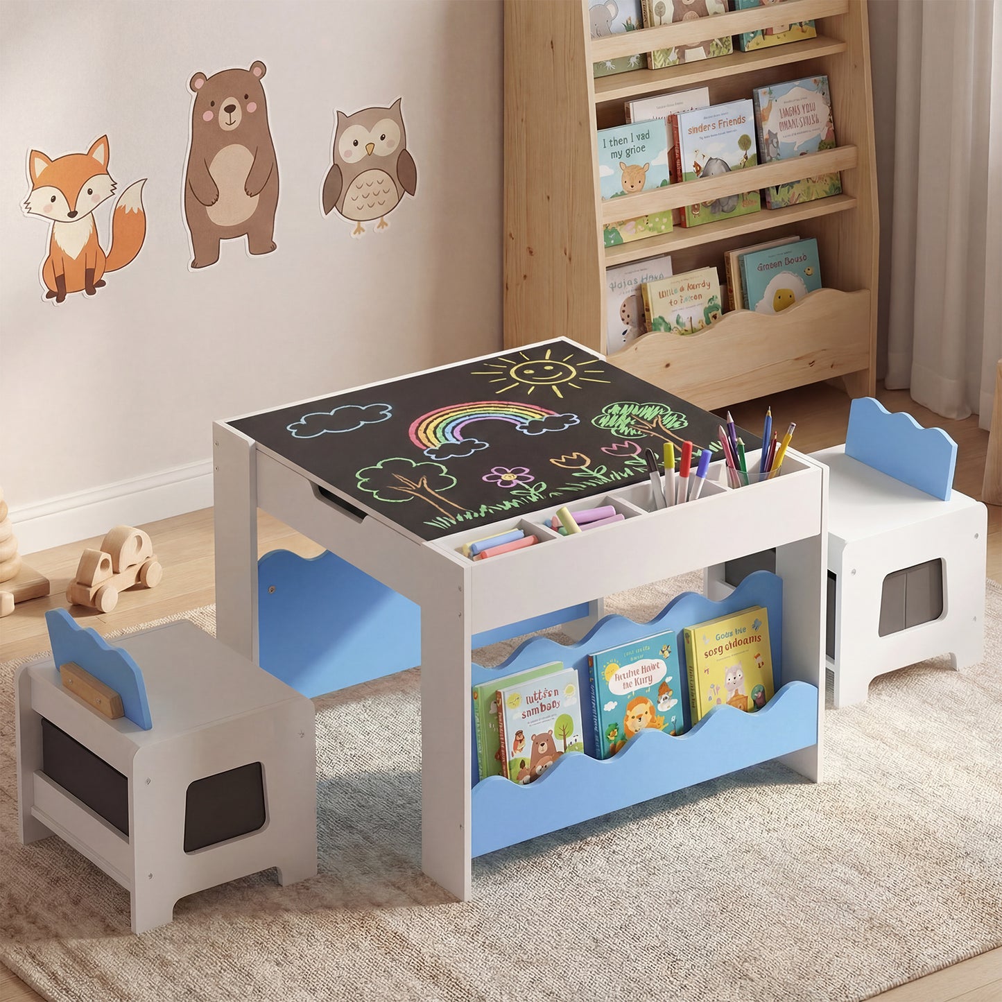 Blue Wooden Kids Table & 2 Chairs Set | Reversible Chalkboard Top