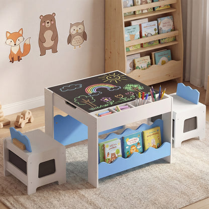 Blue Wooden Kids Table & 2 Chairs Set | Reversible Chalkboard Top