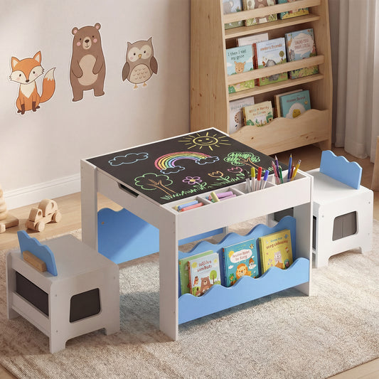 Blue Wooden Kids Table & 2 Chairs Set | Reversible Chalkboard Top