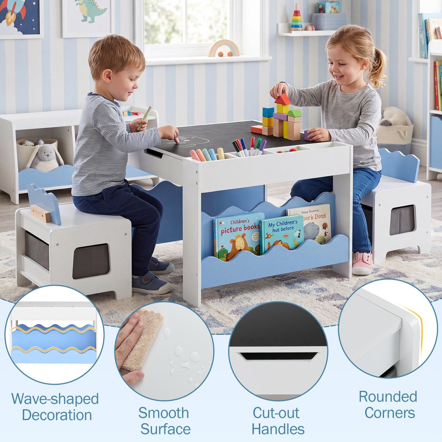 Blue Wooden Kids Table & 2 Chairs Set | Reversible Chalkboard Top