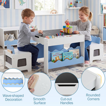 Blue Wooden Kids Table & 2 Chairs Set | Reversible Chalkboard Top