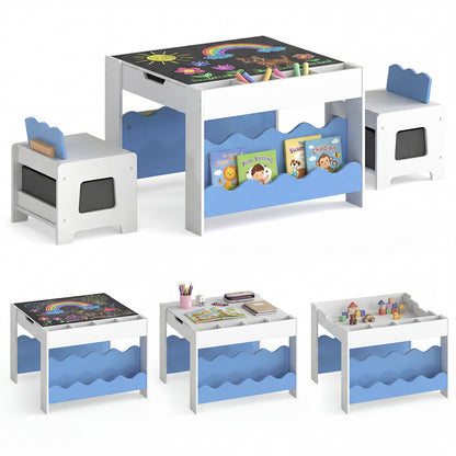 Blue Wooden Kids Table & 2 Chairs Set | Reversible Chalkboard Top