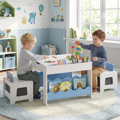Blue Wooden Kids Table & 2 Chairs Set | Reversible Chalkboard Top