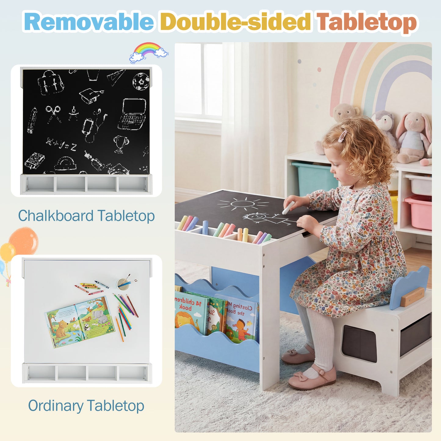 Blue Wooden Kids Table & 2 Chairs Set | Reversible Chalkboard Top