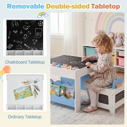 Blue Wooden Kids Table & 2 Chairs Set | Reversible Chalkboard Top