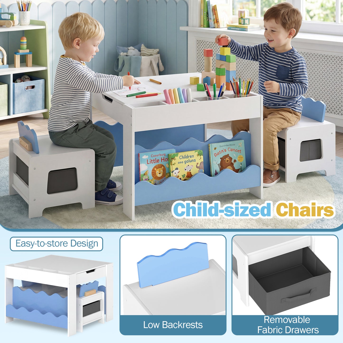 Blue Wooden Kids Table & 2 Chairs Set | Reversible Chalkboard Top