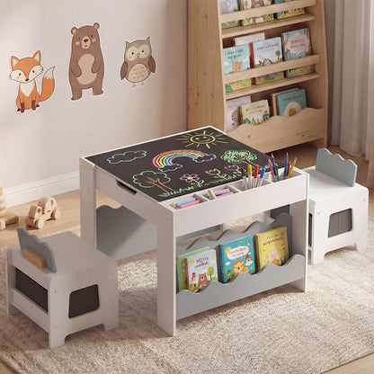 Grey Wooden Kids Table & Chairs Set | Reversible Chalkboard Top