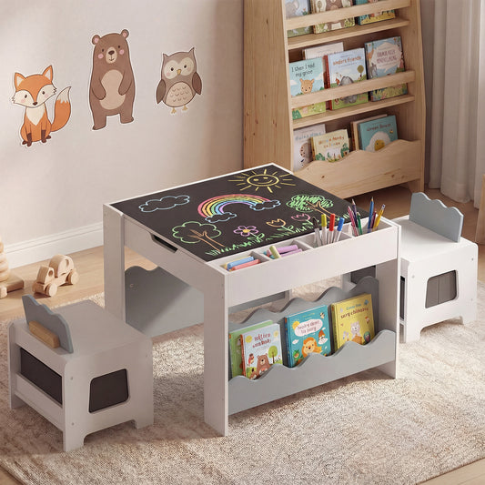 Grey Wooden Kids Table & Chairs Set | Reversible Chalkboard Top
