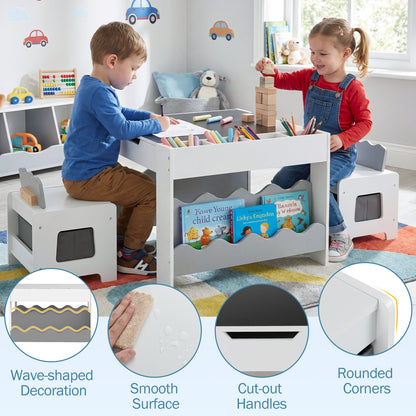 Grey Wooden Kids Table & Chairs Set | Reversible Chalkboard Top