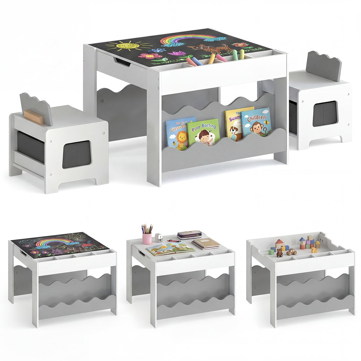 Grey Wooden Kids Table & Chairs Set | Reversible Chalkboard Top