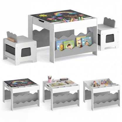 Grey Wooden Kids Table & Chairs Set | Reversible Chalkboard Top