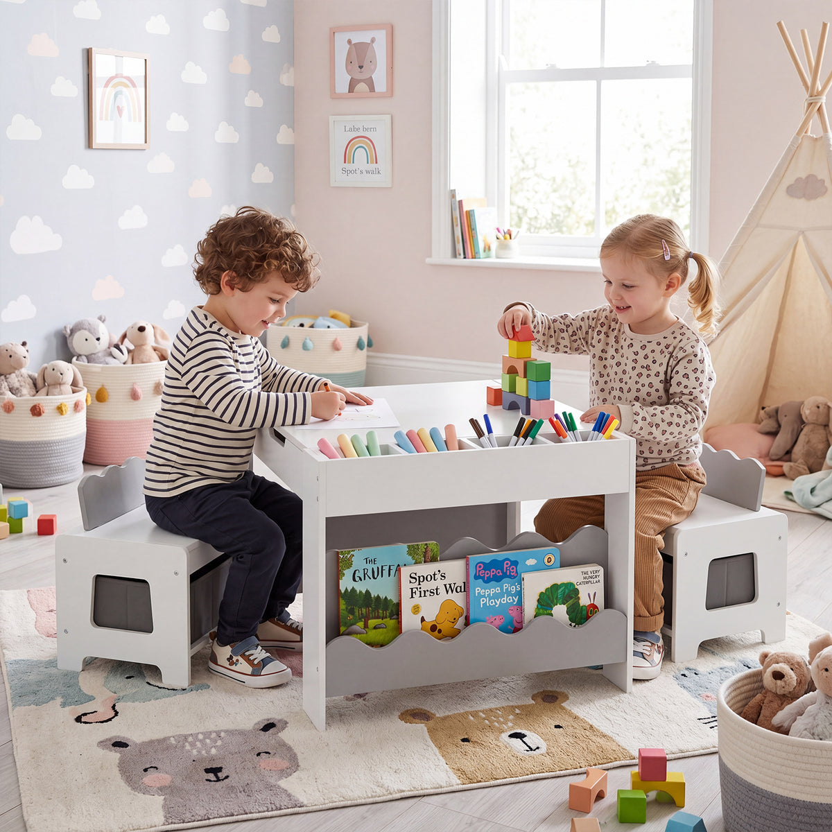 Grey Wooden Kids Table & Chairs Set | Reversible Chalkboard Top
