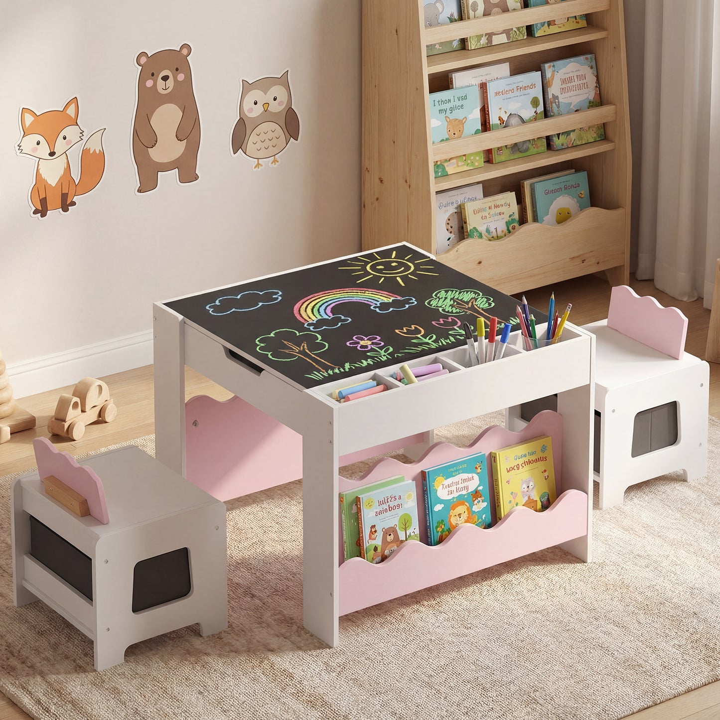 Pink Wooden Kids Table & Chairs Set | Reversible Chalkboard Top