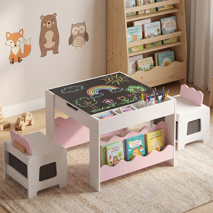Pink Wooden Kids Table & Chairs Set | Reversible Chalkboard Top