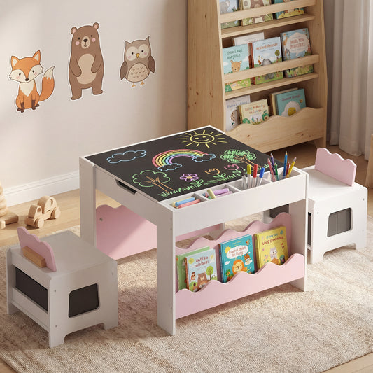 Pink Wooden Kids Table & Chairs Set | Reversible Chalkboard Top