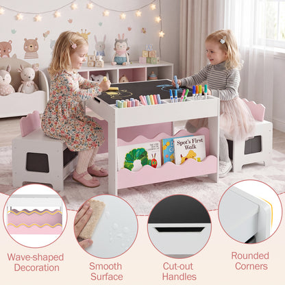 Pink Wooden Kids Table & Chairs Set | Reversible Chalkboard Top