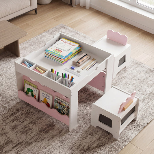 Pink Wooden Kids Table & Chairs Set | Reversible Chalkboard Top
