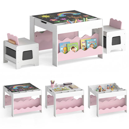 Pink Wooden Kids Table & Chairs Set | Reversible Chalkboard Top