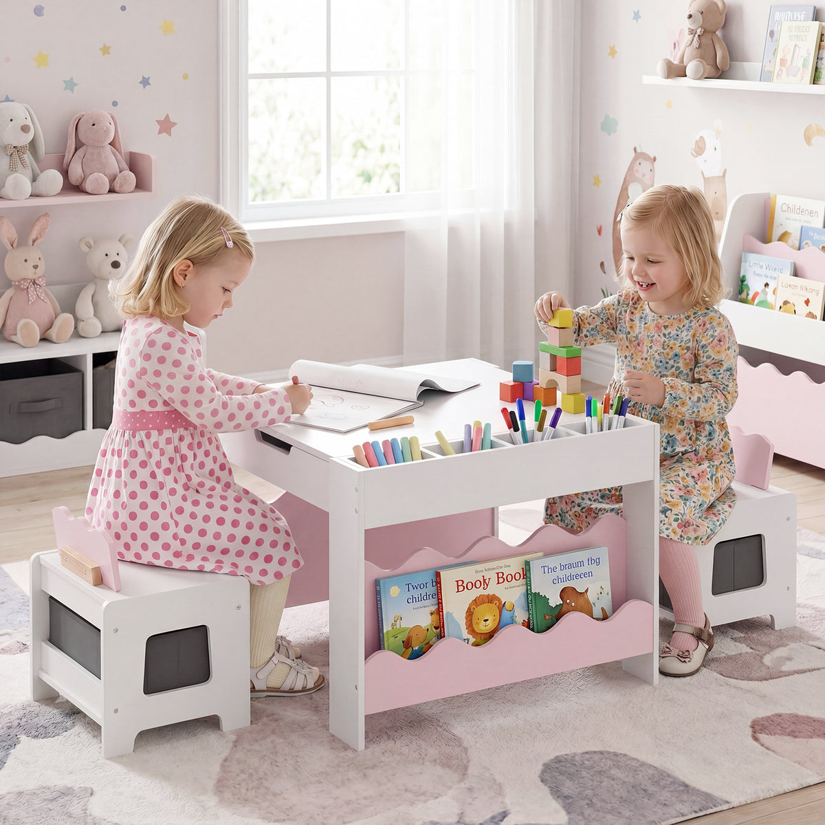 Pink Wooden Kids Table & Chairs Set | Reversible Chalkboard Top