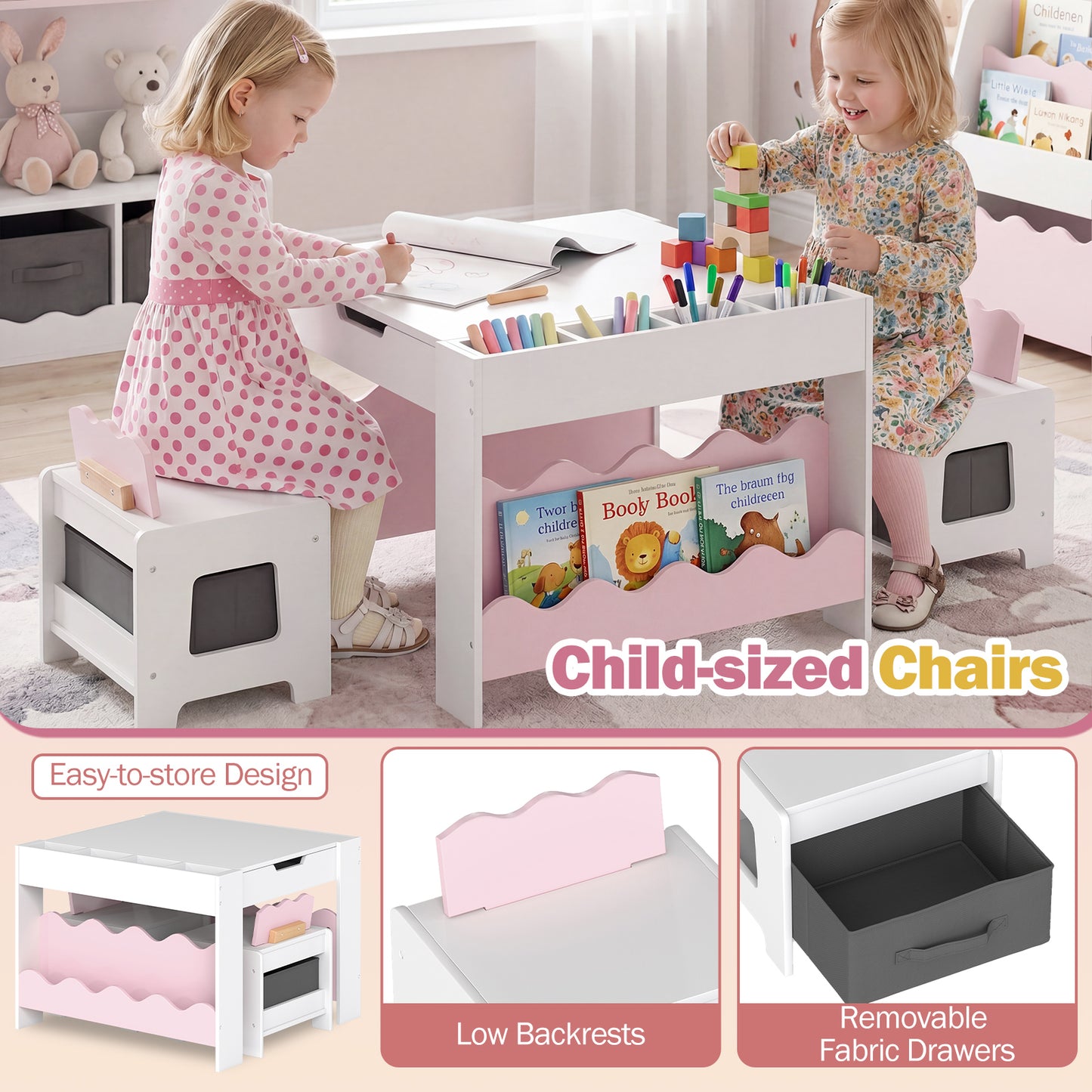 Pink Wooden Kids Table & Chairs Set | Reversible Chalkboard Top