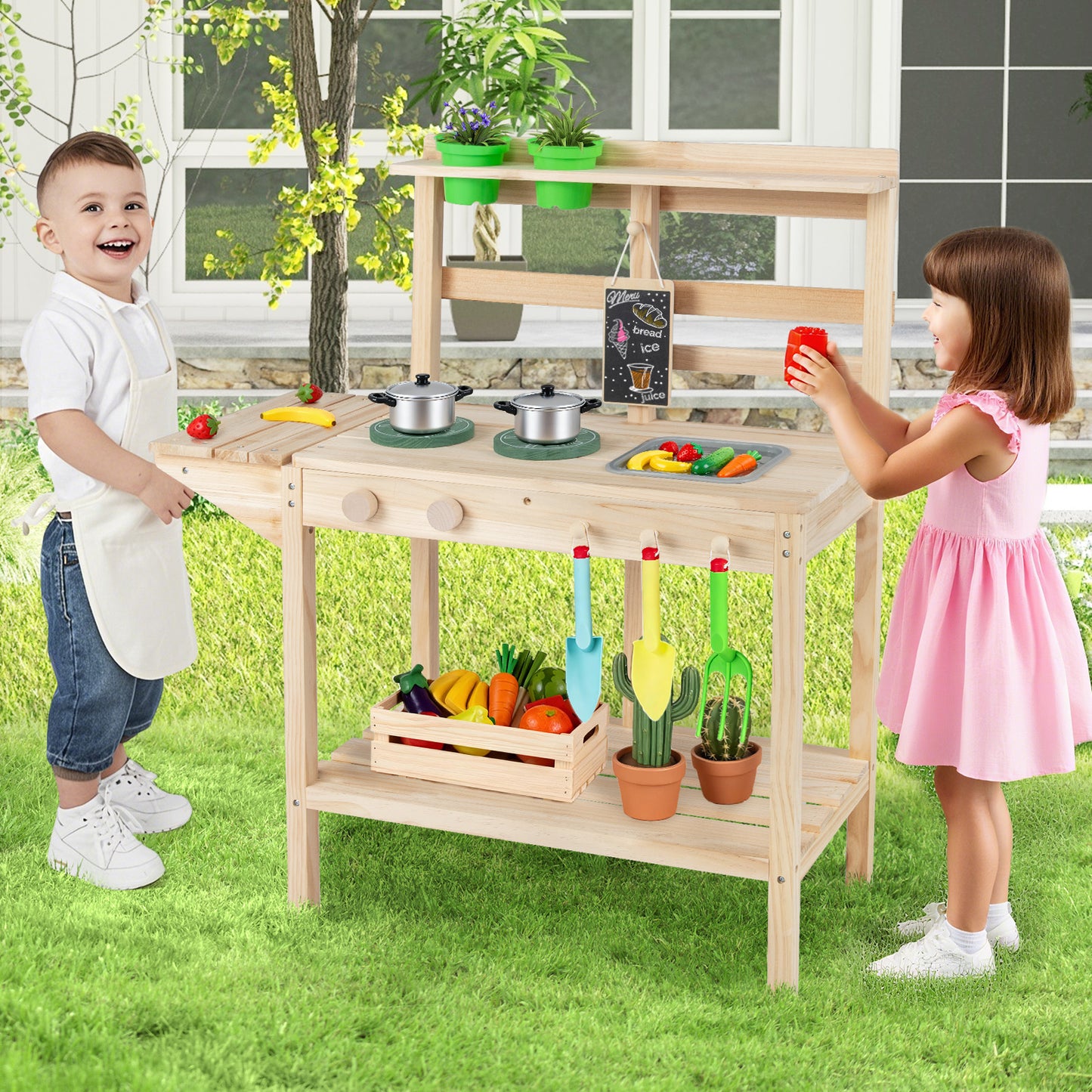Wooden Kitchen Playset with Stoves and Flowerpots for Boys Girls 3+-Natural