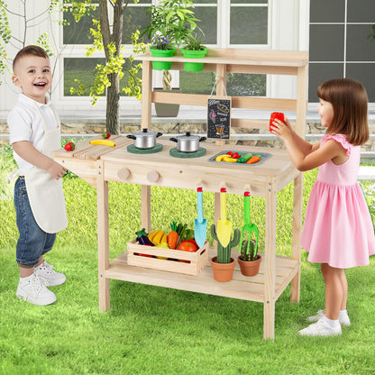 Wooden Kitchen Playset with Stoves and Flowerpots for Boys Girls 3+-Natural