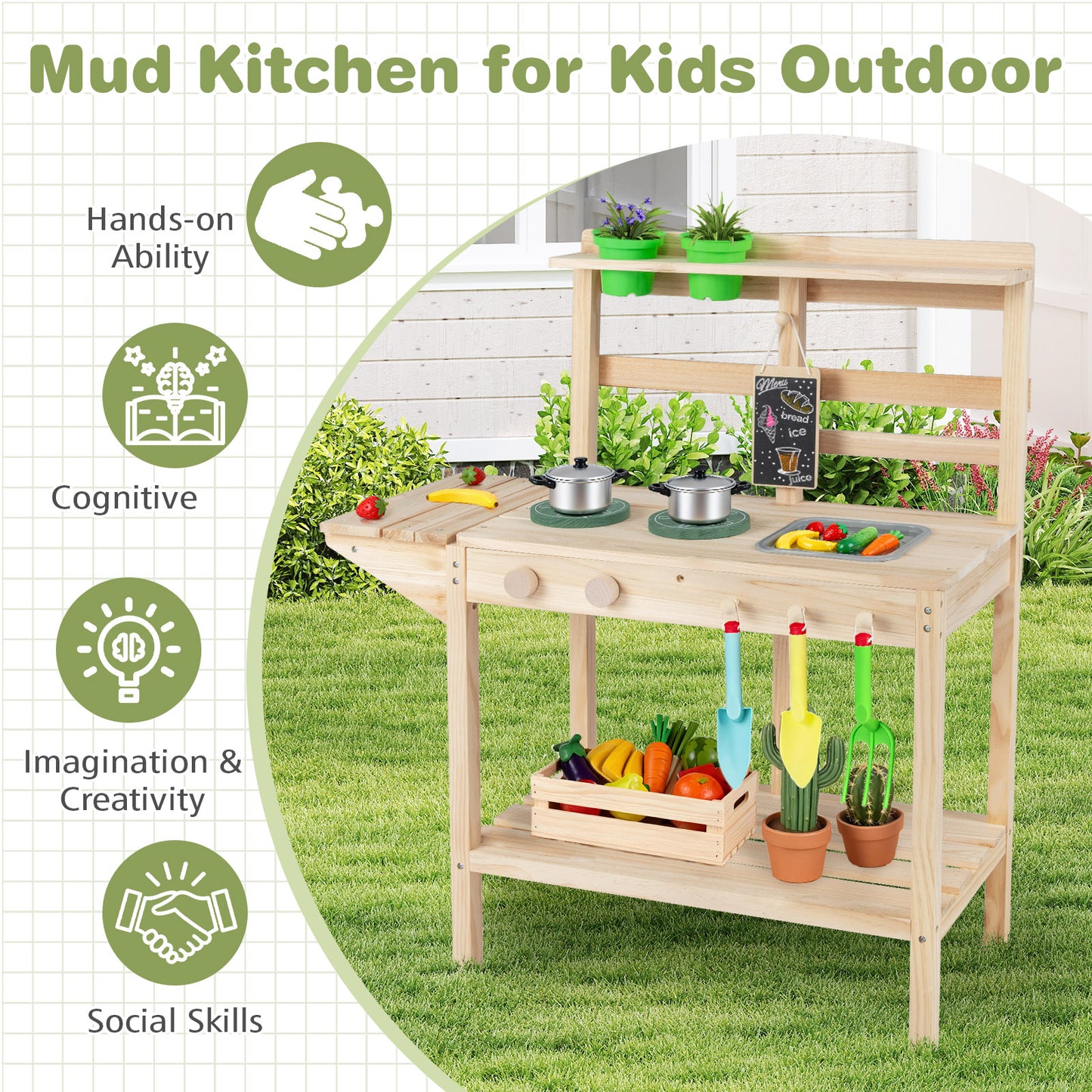 Natural Wood Kitchen Playset | Stoves Sink Chalkboard Kids 3+