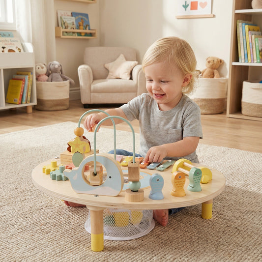 Costway Wooden Musical Play Table with Bead Maze and Music Box for Boys and Girls