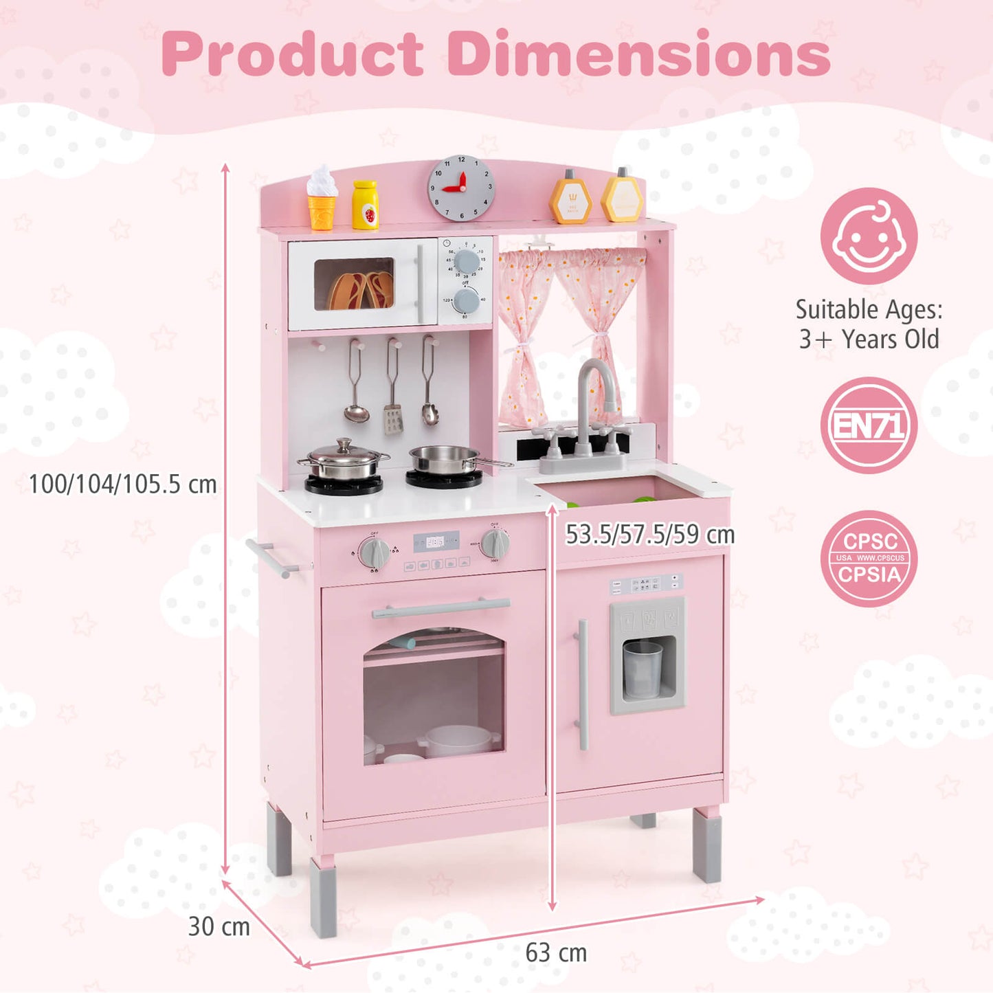 Pink Wooden Play Kitchen | 3 Adjustable Heights & Ice Maker