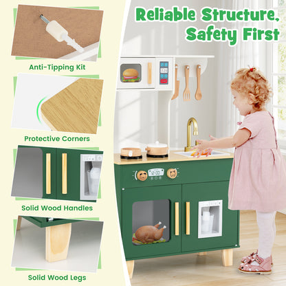Green Wooden Play Kitchen | Microwave Ice Dispenser Ages 3-6