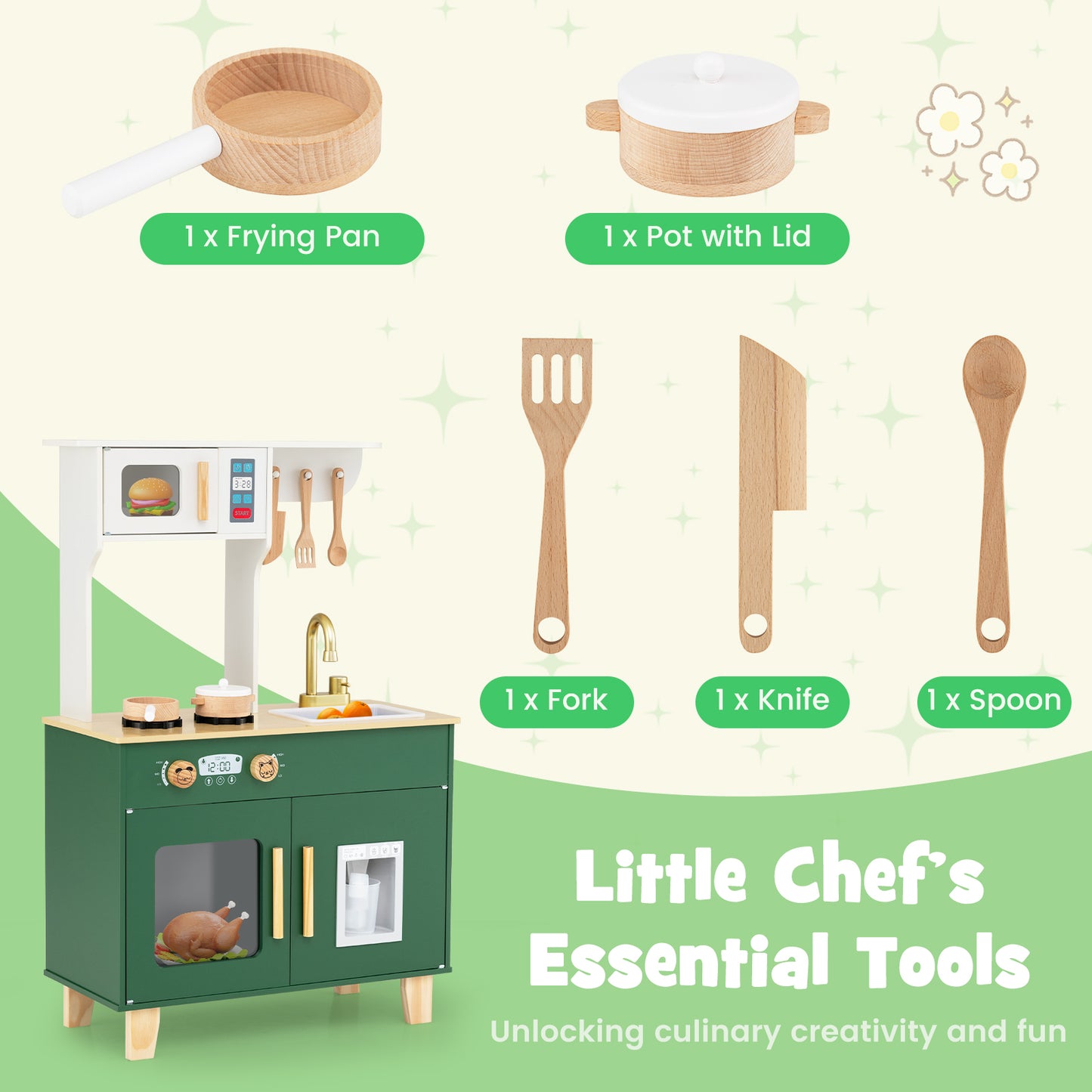 Green Wooden Play Kitchen | Microwave Ice Dispenser Ages 3-6