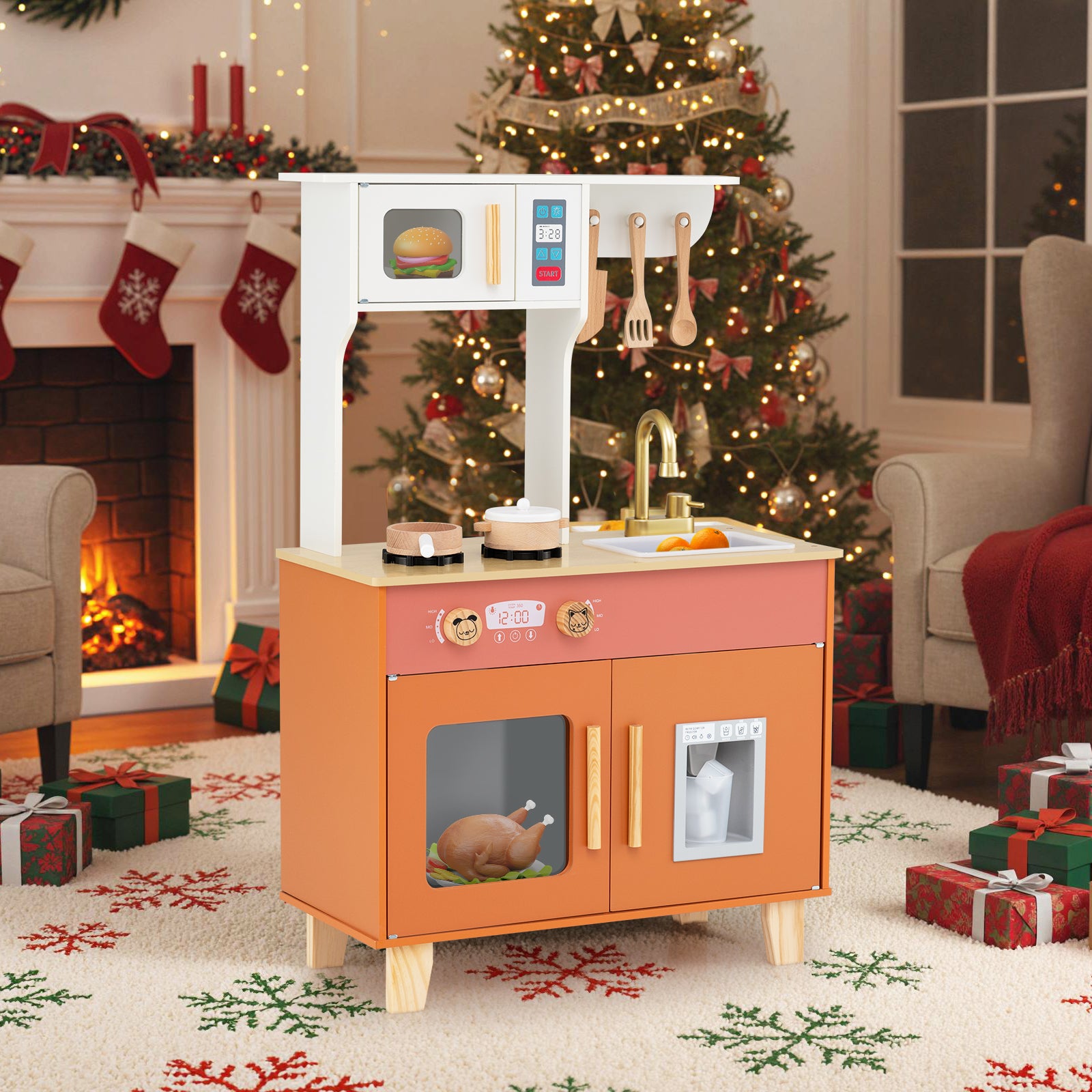 Wooden Play Kitchen with Microwave and Ice Dispenser for Ages 3-6-Orange