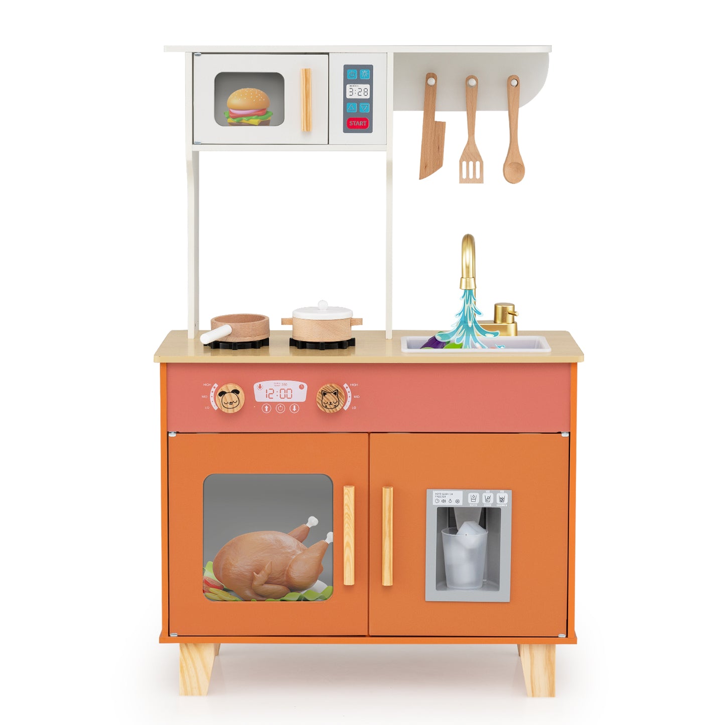 Orange Wooden Play Kitchen | Microwave & Ice Dispenser Ages 3-6