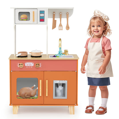 Orange Wooden Play Kitchen | Microwave & Ice Dispenser Ages 3-6
