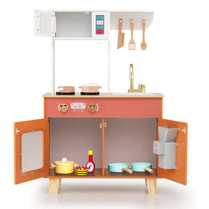 Orange Wooden Play Kitchen | Microwave & Ice Dispenser Ages 3-6