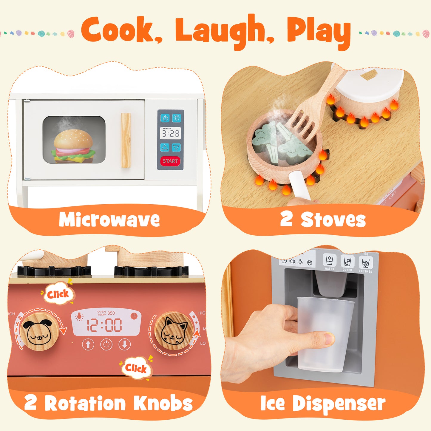 Orange Wooden Play Kitchen | Microwave & Ice Dispenser Ages 3-6