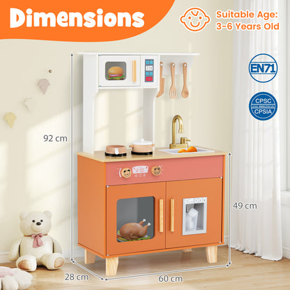 Orange Wooden Play Kitchen | Microwave & Ice Dispenser Ages 3-6