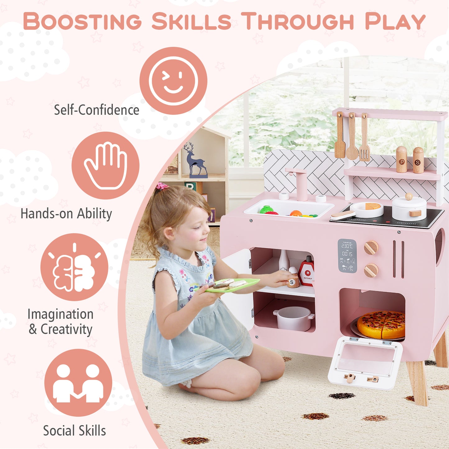 Compact Pink White Wooden Kitchen | Stove Oven Accessories