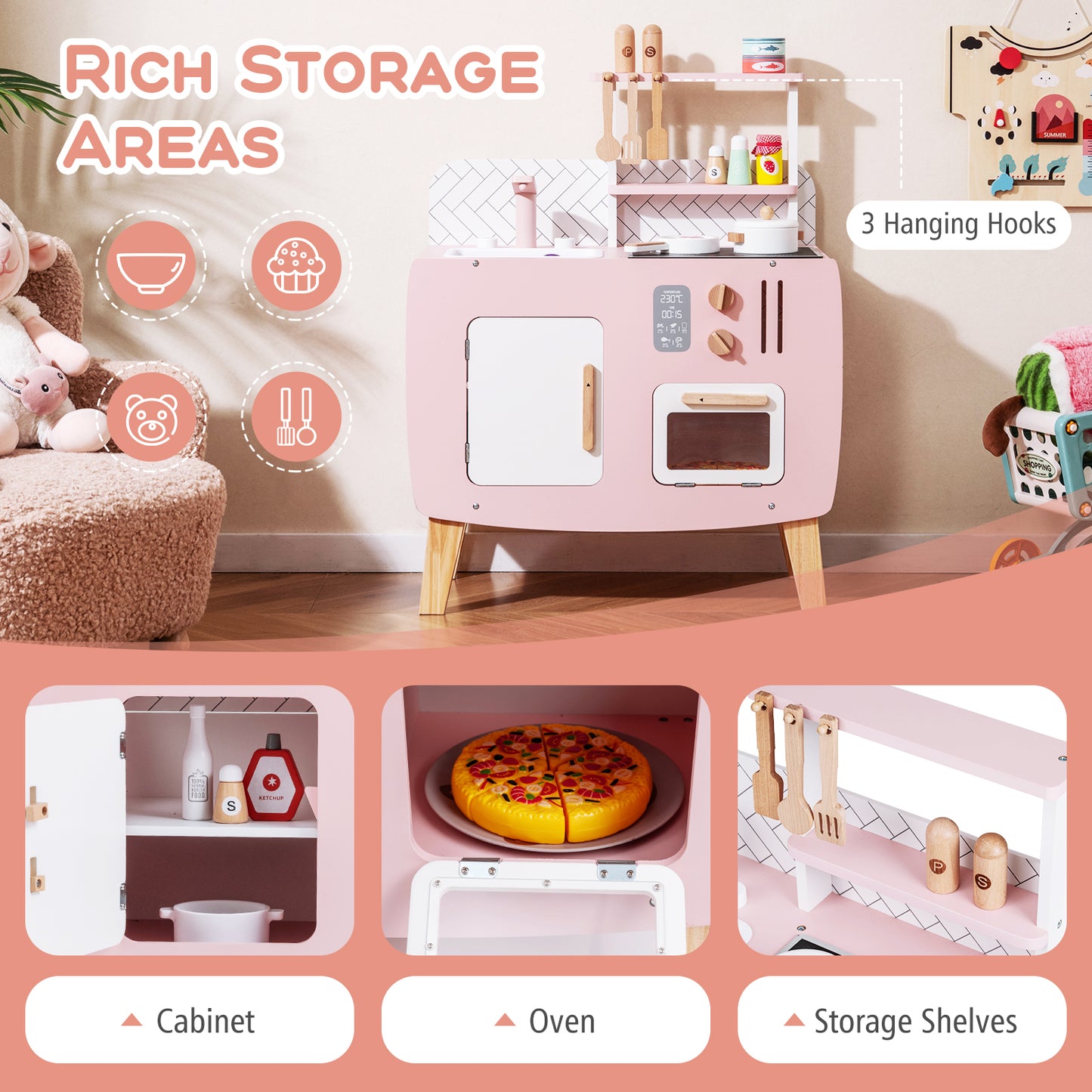 Compact Pink White Wooden Kitchen | Stove Oven Accessories