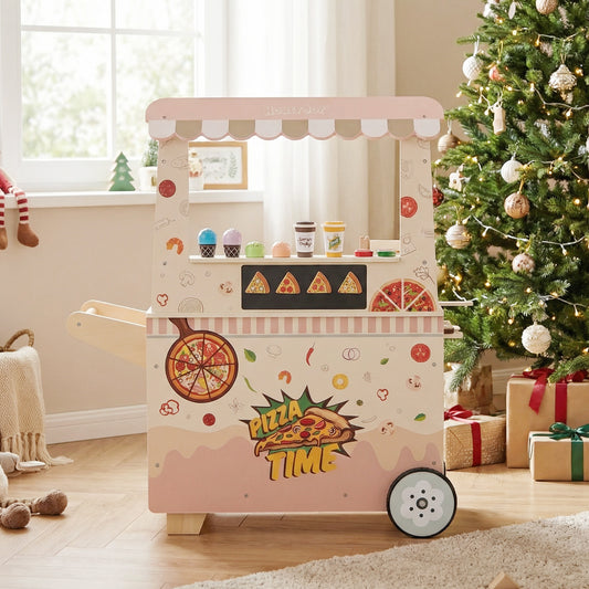 Pink Wooden Pizza & Ice Cream Cart | 41 Pieces | Wheels