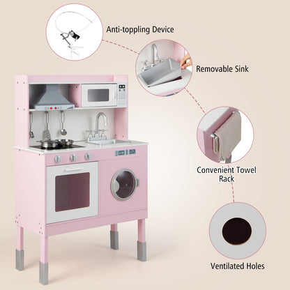 Pink Wooden Kitchen Playset | Adjustable Height | Lights & Sounds