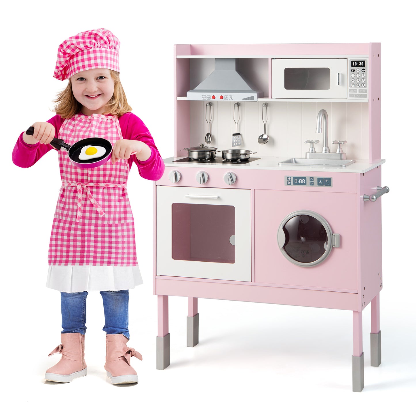 Pink Wooden Kitchen Playset | Adjustable Height | Lights & Sounds